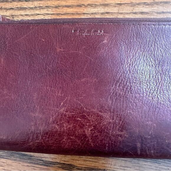 Fossil Tri-Fold Wallet + check book set Brown Leather Zipper back pocket Vintage - Picture 6 of 9